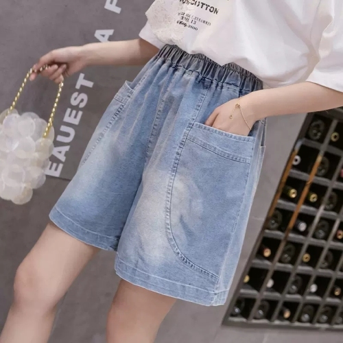 Denim shorts girls summer wear students elastic waist loose casual thin wide leg mid-length pants