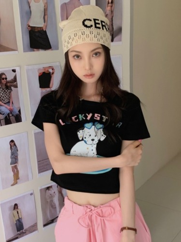 Real shot Casual and fun cute puppy print short-sleeved T-shirt summer new versatile top for women
