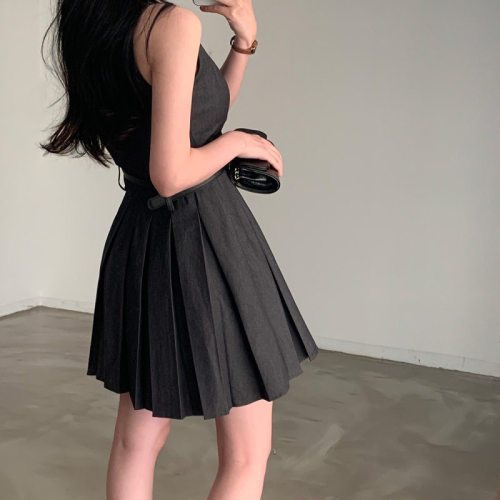 韩国chic气质时尚高级感显瘦百褶西装无袖背心连衣裙 配腰带
