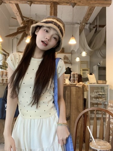 Actual shot ~ 2024 summer Korean style versatile simple polka dot knitted top + high waist cake skirt suit
