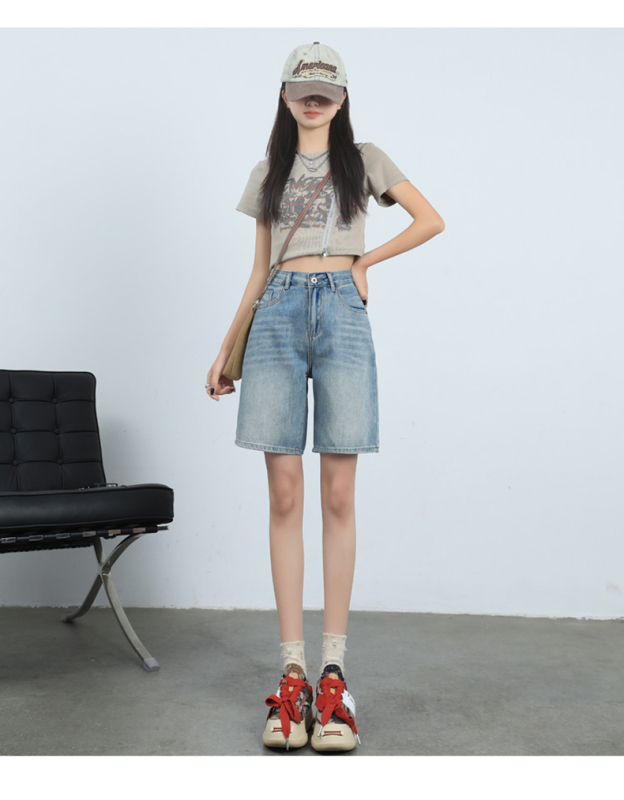 Real shot and real price 2024 summer 5-point jeans for women, loose straight Hong Kong style high-waisted slim 5-point shorts