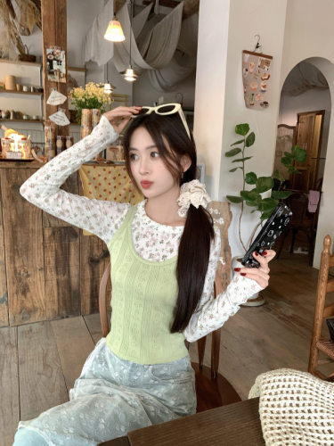 Actual shot of Korean style niche suspender knitted sweater vest for women floral long-sleeved layered bottoming shirt for women