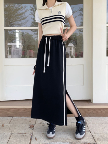 Actual shot ~ 2024 new Korean style knitted slit design elastic waist mid-length a-line skirt for women