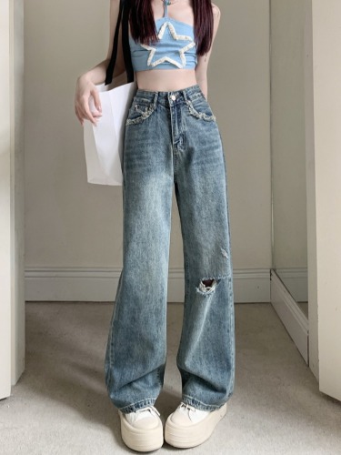 Actual shot #New high-waisted straight jeans for women, loose wide-legged knee holes, floor-length trousers