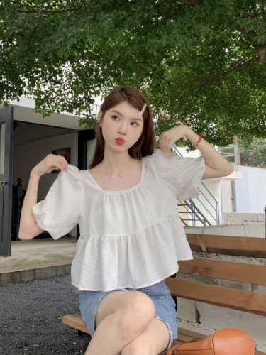 实拍~夏季韩版新款气质方领泡泡袖显瘦甜美肌理感娃娃衫上衣