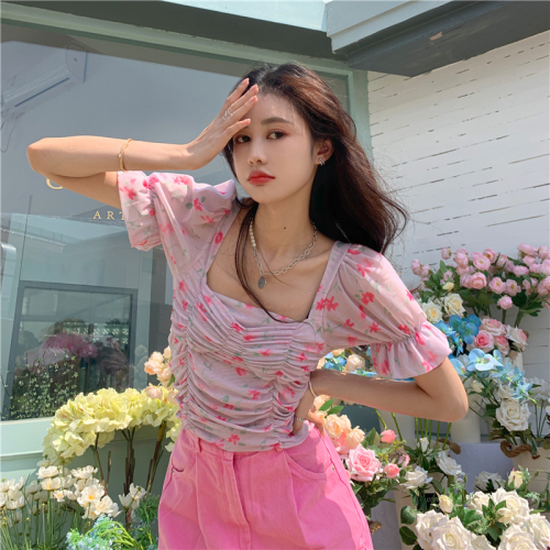 Real shot and real price ~ pleated square collar printed puff sleeves pleated pink slim fit floral shirt top for women Korean version