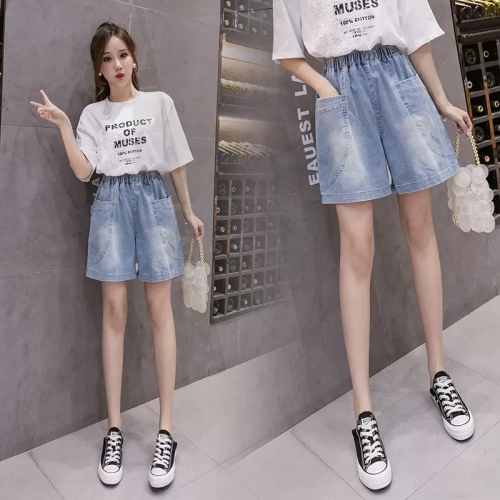 Denim shorts girls summer wear students elastic waist loose casual thin wide leg mid-length pants