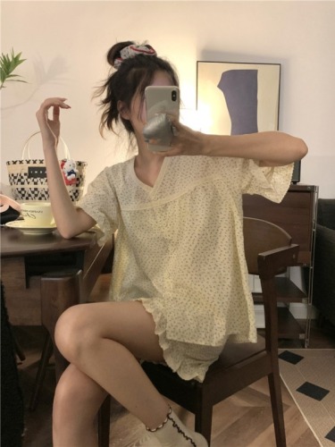 Actual shot of Korean style sweet loose cotton small floral small gentle sweet lace short-sleeved outer wear home clothes set