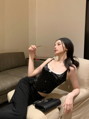 實拍 純欲bm風蕾絲拼接蝴蝶結顯瘦吊帶背心下擺束腰百搭上衣