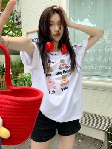 Real shot Summer Korean style round cartoon print loose age-reducing slimming pullover short-sleeved T-shirt top for women