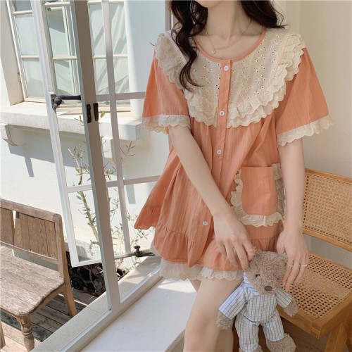 Real shot of Korean style lace spliced ​​cotton sweet princess style loose and comfortable short-sleeved outer pajama set