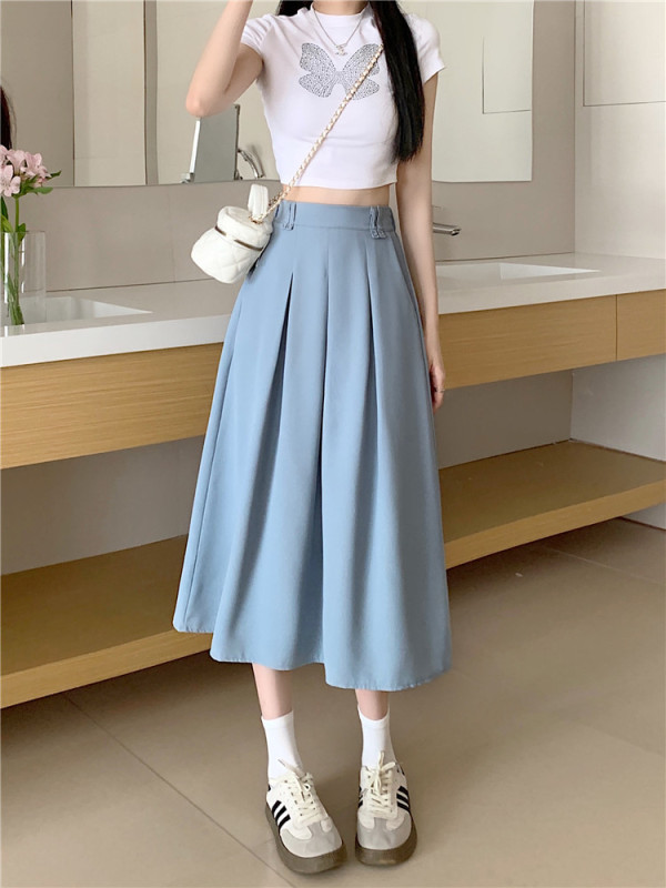 Real shot, real price, high-waisted simple pleated suit skirt, Korean style slimming A-line mid-length umbrella skirt