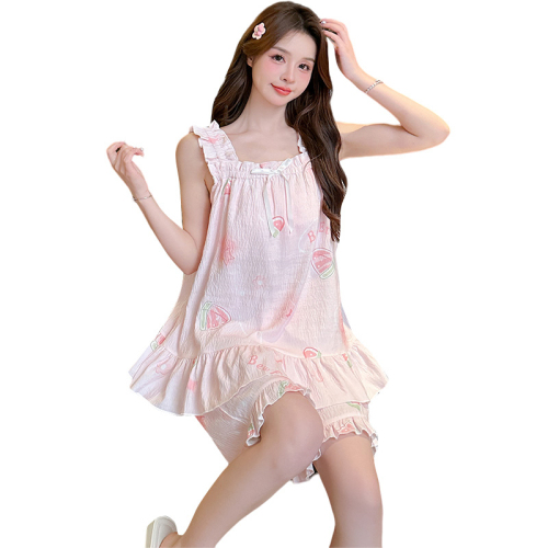 新款睡衣少女夏季可拆胸垫韩版甜美吊带印花云朵棉二件家居服套装