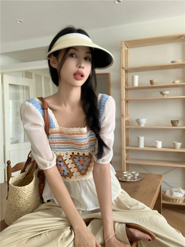 Real shot and real price crocheted hollow stitching fake two-piece short-sleeved shirt for women summer square collar temperament shirt