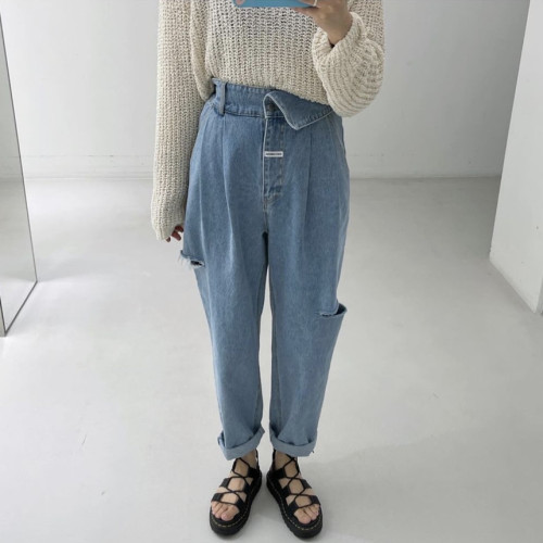 Xia Xin pleated cut irregular high-waisted straight-leg ripped jeans