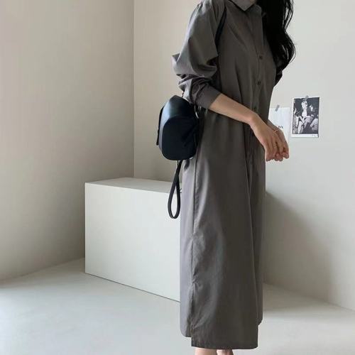 Korean chic simple retro style mid-length solid color loose casual shirt dress long-sleeved shirt for women