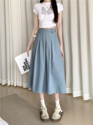 Real shot, real price, high-waisted simple pleated suit skirt, Korean style slimming A-line mid-length umbrella skirt