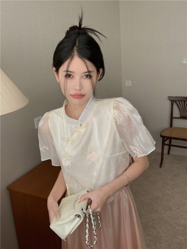 Real shot and real price New Chinese style disc button jacquard short-sleeved shirt summer stand-up collar top and skirt two-piece set
