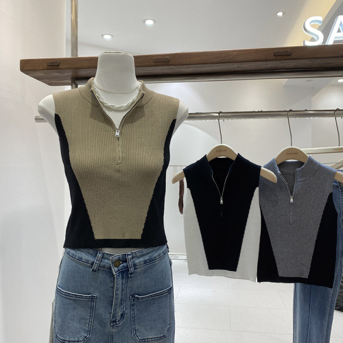 设计感拼色无袖针织背心女夏季2024新款韩版修身显瘦短款外穿马甲