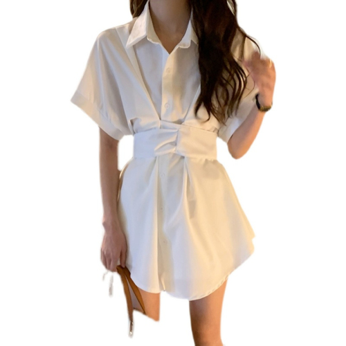 夏季收腰超短裙绷带蝴蝶结短袖连衣裙设计感小众单件衬衫裙