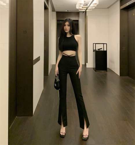 Real shot and real price black wang cross-lace boot-cut pants for women with design sense high waist slimming slit trousers