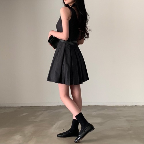 韩国chic夏季新款法式简约气质方领无袖连衣裙