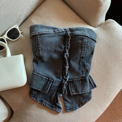 Real shot of summer hot girl careful denim tube top with breast pads