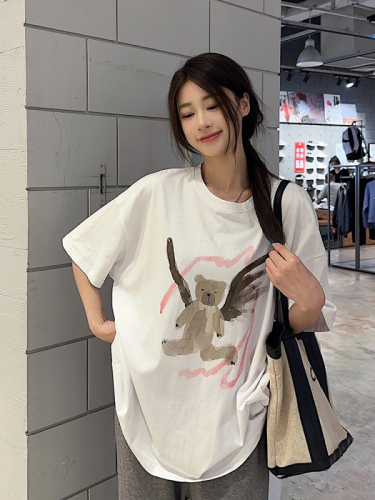 韩系可爱小熊印花短袖T恤女夏季2024新款设计感休闲宽松黑色上衣