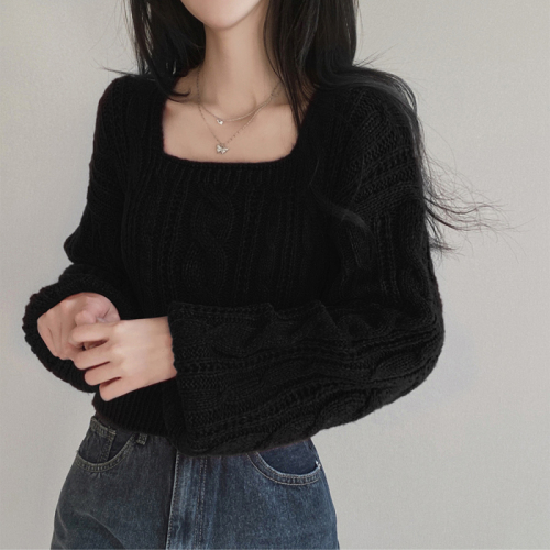Large size twist sweater winter chic lazy style lantern sleeve solid color square neck pullover long-sleeved sweater