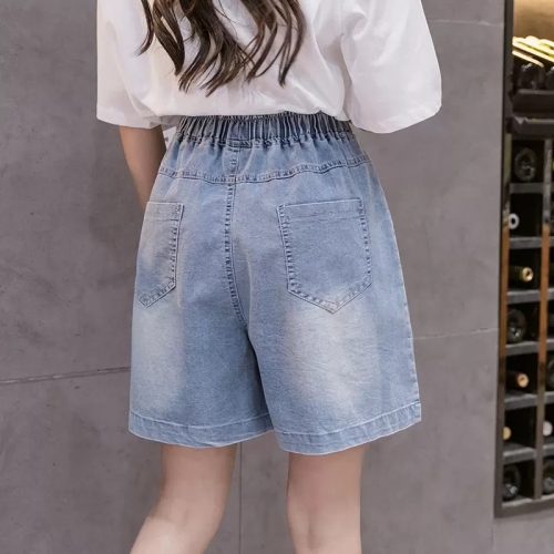 Denim shorts girls summer wear students elastic waist loose casual thin wide leg mid-length pants