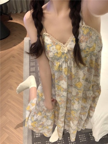 Real shot of Korean style Chinese style printed cotton comfortable and sweet lace suspender summer cool home wear dress