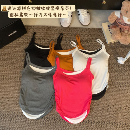 Actual shot ~ Summer hot girl fake two-piece color-blocking design pleated waist slimming vest suspender