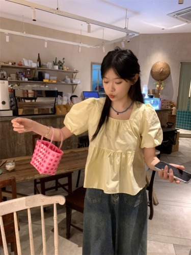 实拍 夏季新款韩系小众设计感绑带娃娃衫泡泡袖方领百搭衬衫