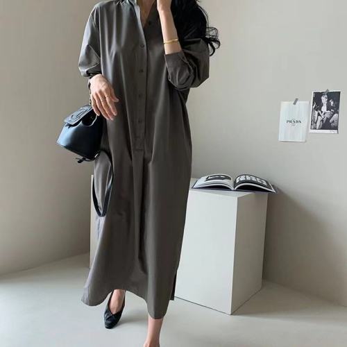 Korean chic simple retro style mid-length solid color loose casual shirt dress long-sleeved shirt for women