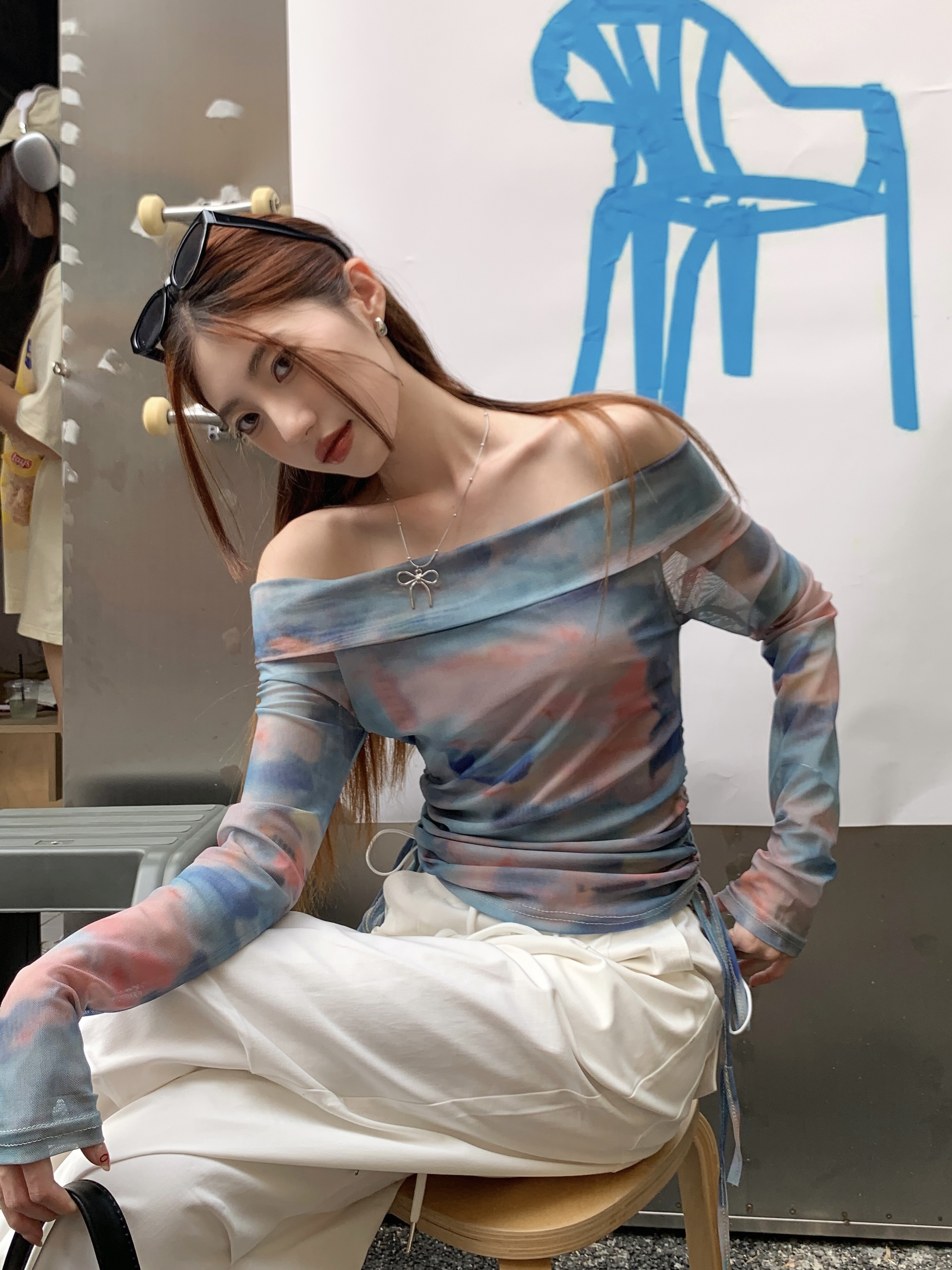 Real shot of American sweet and cool hot girl printed one-shoulder long-sleeved T-shirt for women in autumn and summer mesh slim fit top