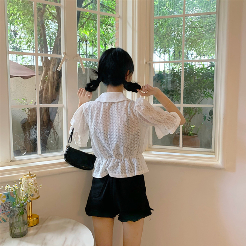 Actual shot and real price ~ Lace lace-up shirt for women 2020 loose and versatile lace-up hollow see-through trumpet sleeve shirt