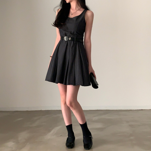 韩国chic气质时尚高级感显瘦百褶西装无袖背心连衣裙 配腰带