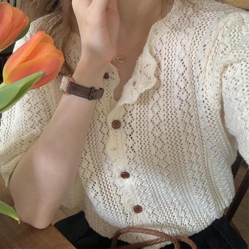 镂空白色短袖针织开衫女宽松薄款夏季设计感小众花边洋气针织衫