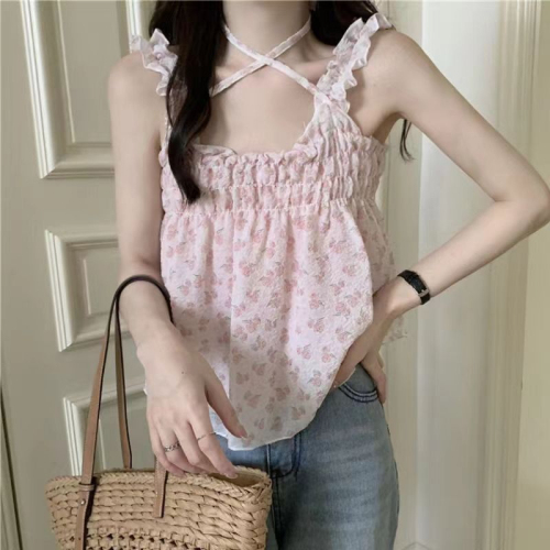 Baby doll shirt for women 2024 summer new style halterneck sleeveless suspender style floral chiffon shirt short top for small people
