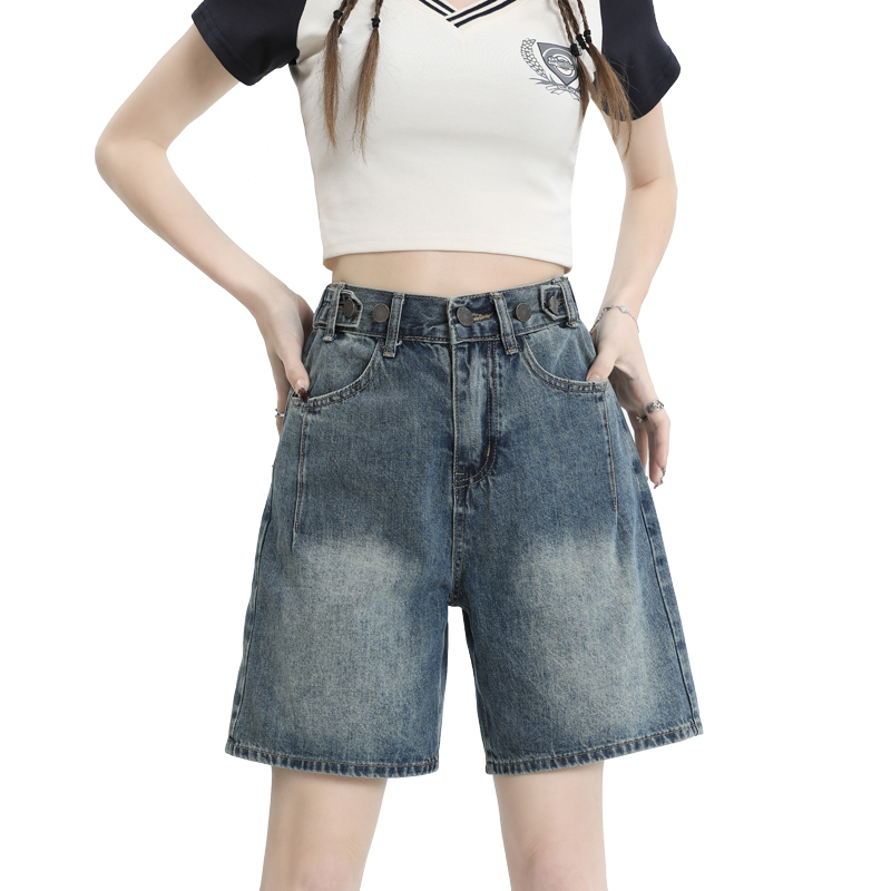 Real shot of summer new hot girl trendy elastic waist adjustable five-point jeans women's high waist slimming versatile shorts