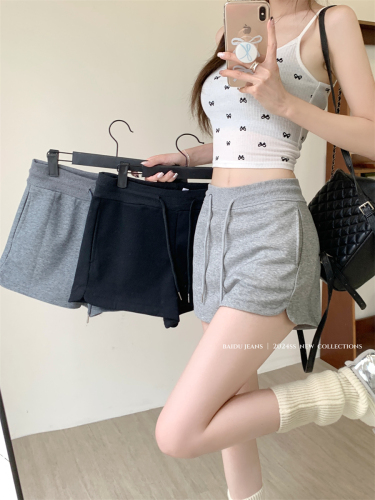 Actual shot ~ Gray loose wide-leg shorts for women summer high-waisted American drawstring casual straight-leg sweatpants