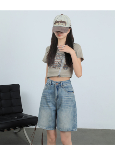 Real shot and real price 2024 summer 5-point jeans for women, loose straight Hong Kong style high-waisted slim 5-point shorts
