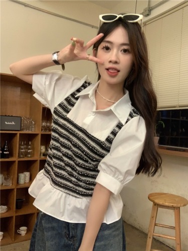 Real shot of summer shirt for women, designed with plaid splicing, fake two-piece short style French short-sleeved top