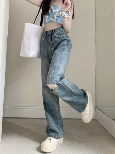 Actual shot #New high-waisted straight jeans for women, loose wide-legged knee holes, floor-length trousers