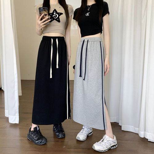Actual shot ~ 2024 new Korean style knitted slit design elastic waist mid-length a-line skirt for women