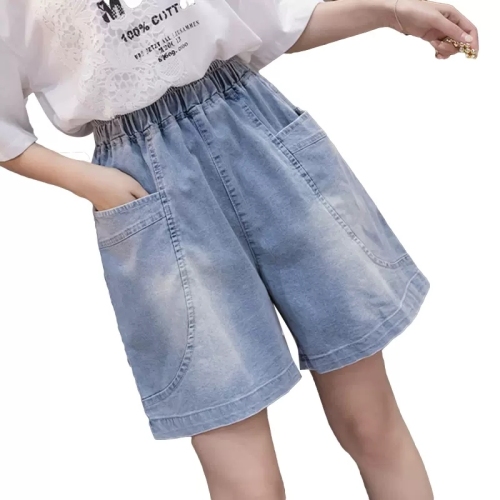 Denim shorts girls summer wear students elastic waist loose casual thin wide leg mid-length pants