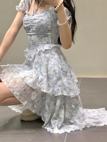 韩系不规则设计感纯欲连衣裙小个子前短后长修身显瘦超仙碎花长裙