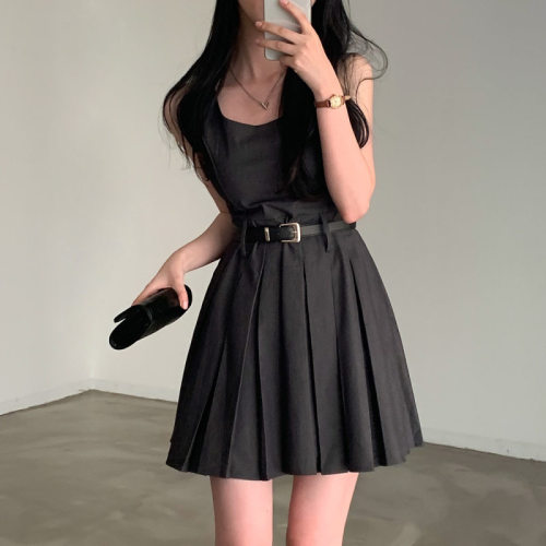 韩国chic夏季新款法式简约气质方领无袖连衣裙