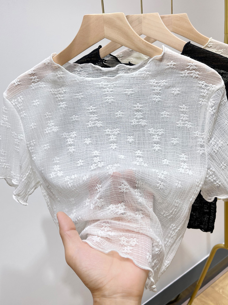Camisole with straps, t-shirt worn inside for women, summer short-style net chiffon undershirt for women, thin version, sun protection outerwear, lace short-sleeve top for women