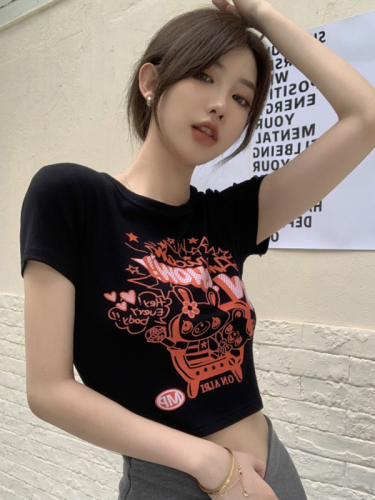 Real shot of American style personalized print slimming sweet girl midriff-baring top versatile BM style high-waisted short T-shirt